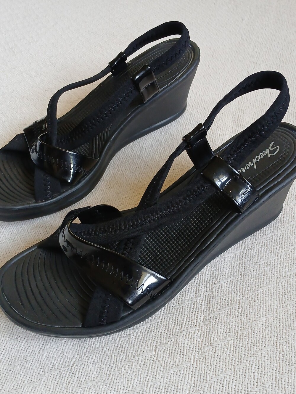 skechers ♡ strappy slingback wedge black sandals 11 rumblers